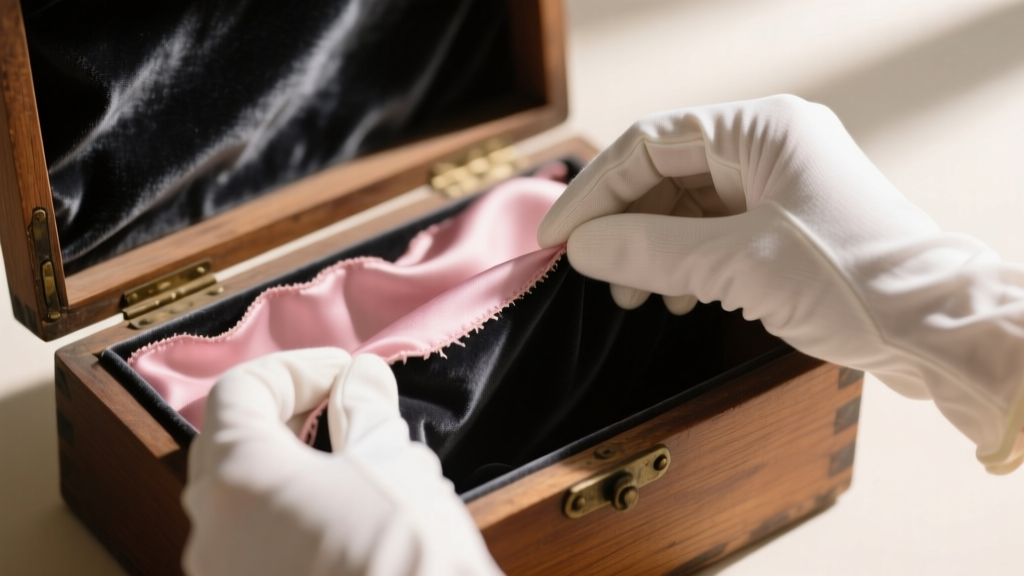 Hands in white cotton gloves carefully replacing faded pink silk lining with charcoal anti-tarnish velvet inside a wooden box.