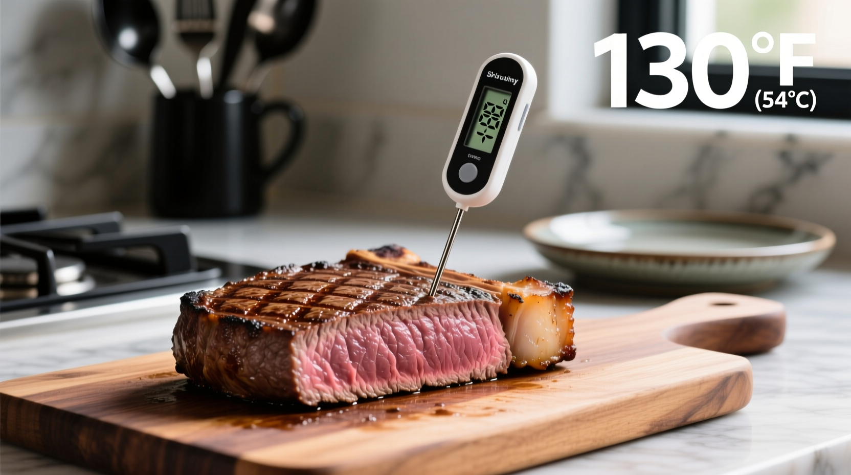 Sirloin steak cooking temperature guide with thermometer