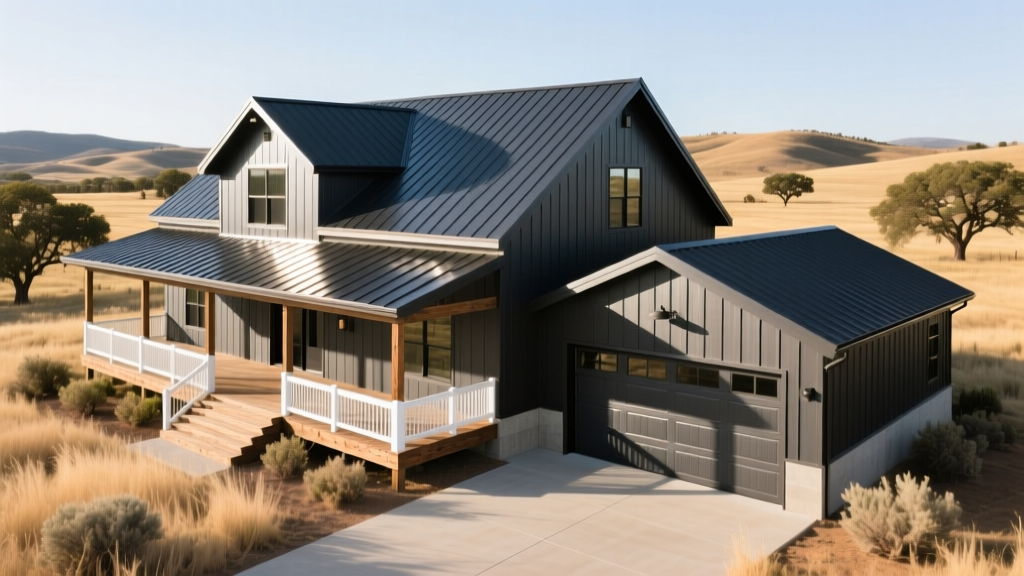 Completed two-story barndominium with dark charcoal metal roof, wrap-around porch, and attached steel garage in rural Texas