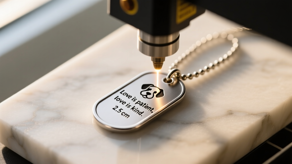 Overhead view of a fiber laser engraving machine etching a tiny bible verse onto a small matte stainless steel dog tag pendant