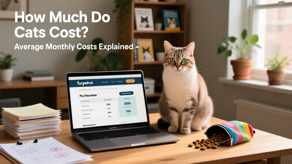A calm adult cat sitting beside a laptop showing the furpetvo.com homepage open to a pet insurance comparison tool, with a small stack of vet records and a treat pouch nearby