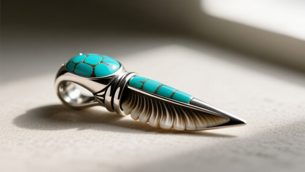 Macro shot of a turquoise-inlaid silver cap on a turkey spur pendant, highlighting the seamless joint between metal and keratin