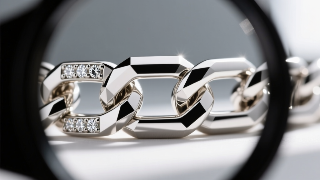 Close-up through a loupe examining precision CNC-machined facets on a rhodium-plated white gold diamond cut box chain link.