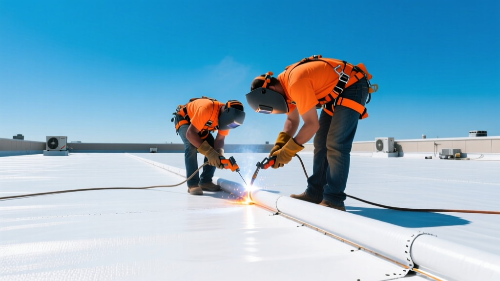Commercial roofing contractors in safety harnesses welding white TPO membrane seams on a large flat roof under clear blue skies