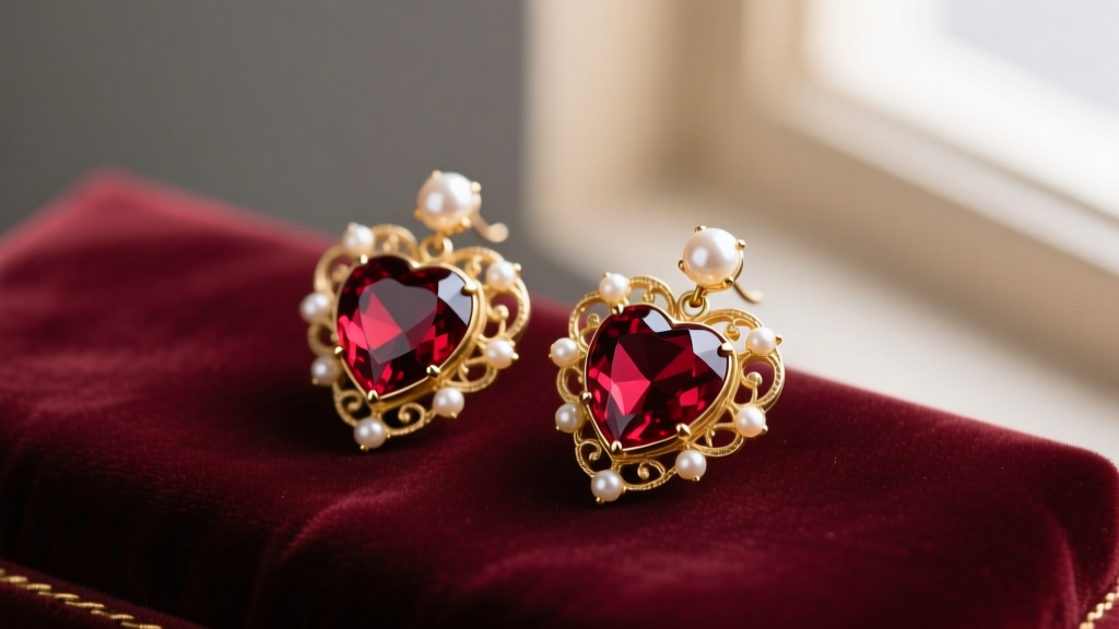 Victorian garnet and seed pearl heart earrings on velvet, soft lighting highlighting gold filigree and deep red gemstone facets.
