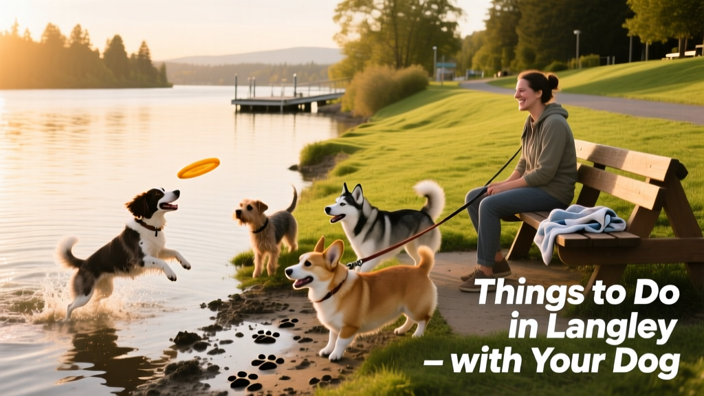A scenic view of Derby Reach Regional Park with dogs playing near the Fraser River shoreline