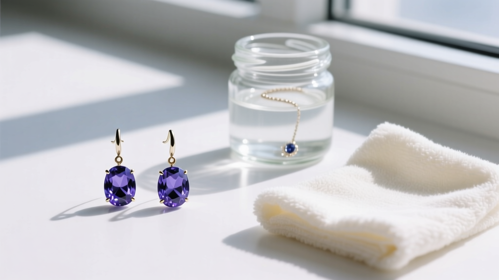 Flat lay of blueberry tanzanite drop earrings beside a glass jar of gentle jewelry cleaner and a soft microfiber polishing cloth