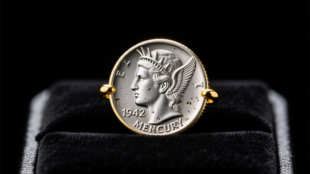 Close-up of a 1942 Mercury silver dime set in a 14k yellow gold prong bezel, resting on a dark velvet jewelry display pad