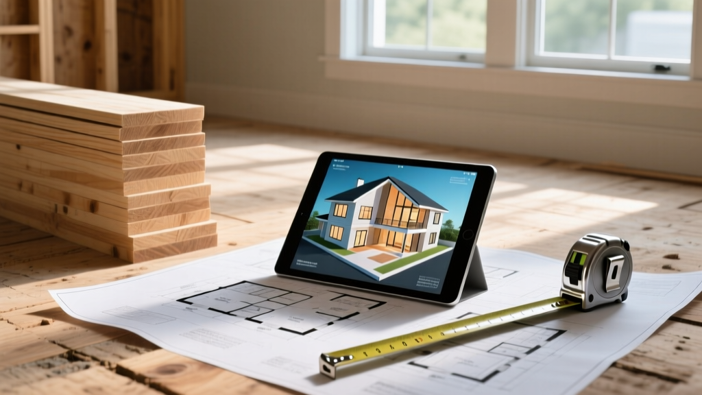 Blueprints on plywood subfloor next to a tape measure, stacked framing lumber, and a tablet displaying a 3D residential house model.
