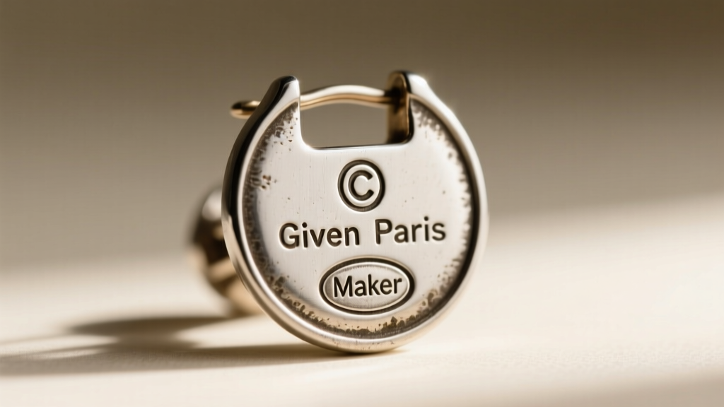Extreme close-up of a vintage Givenchy Paris earring back plate showing the stamped copyright symbol and oval maker mark