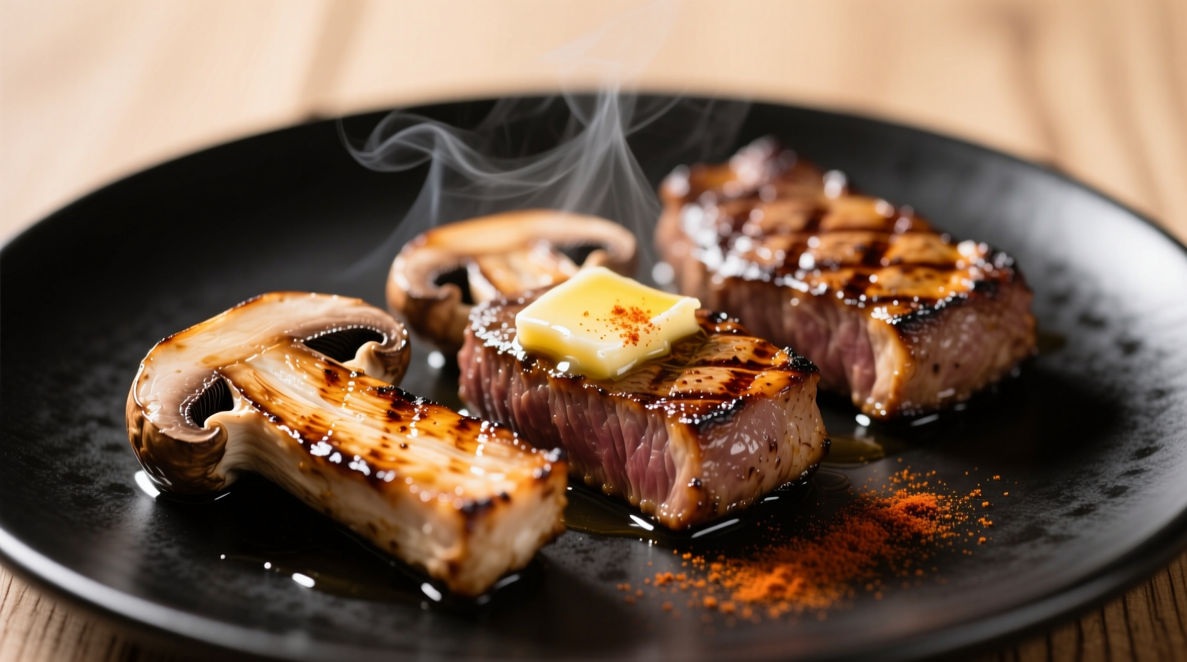 Perfectly seared king oyster mushroom steaks with golden crust