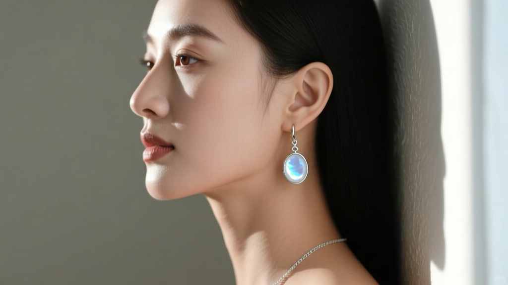 Side profile of a woman wearing 20-gauge sterling silver drop earrings with moonstone cabochons in soft natural window light