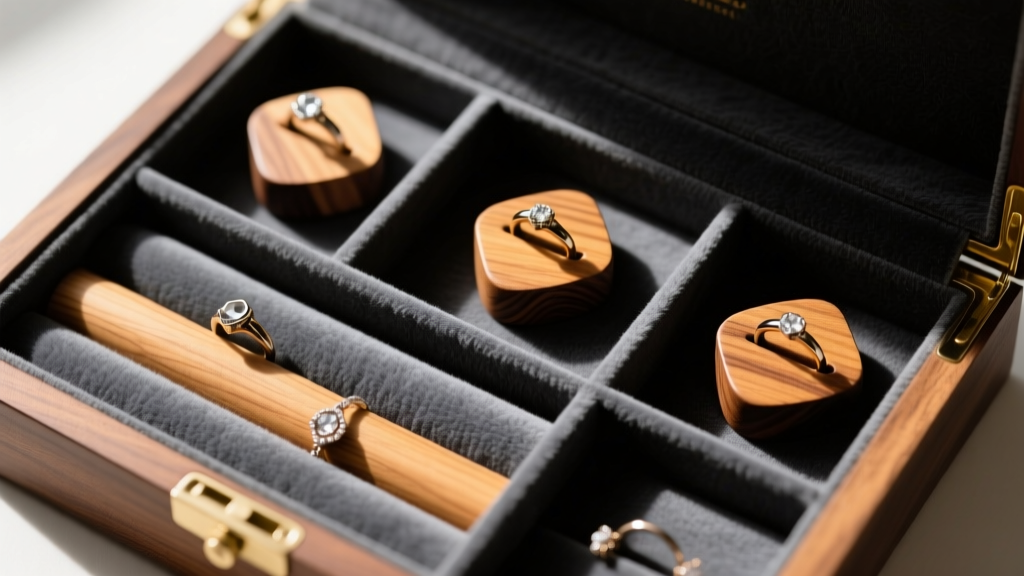 Top-down view of a custom jewelry box interior lined with dark gray anti-tarnish fabric over padded wooden ring roll dividers.