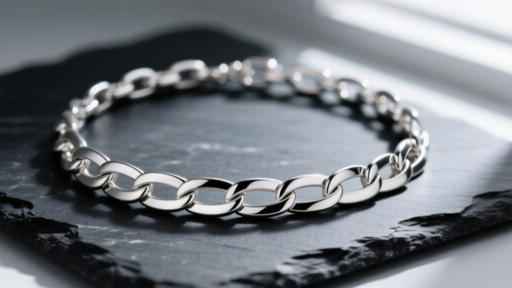 Close-up of polished 925 sterling silver Sorrento link necklace on dark slate, highlighting smooth, elongated interlocking links