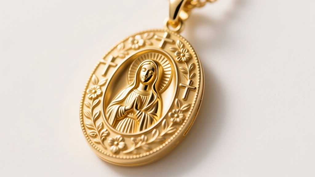 Macro shot of an intricate 22k gold Virgin Mary reliquary pendant with detailed engraving, illuminated by soft studio lighting.