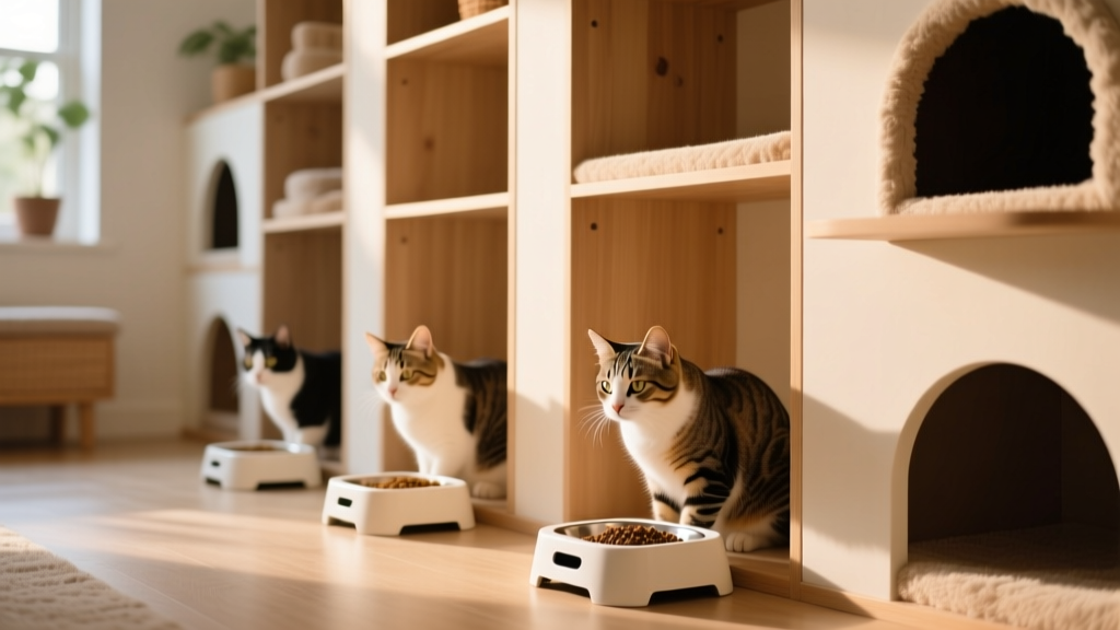 Cats in a calm, enriched environment with separate feeding stations, vertical spaces, and hiding spots