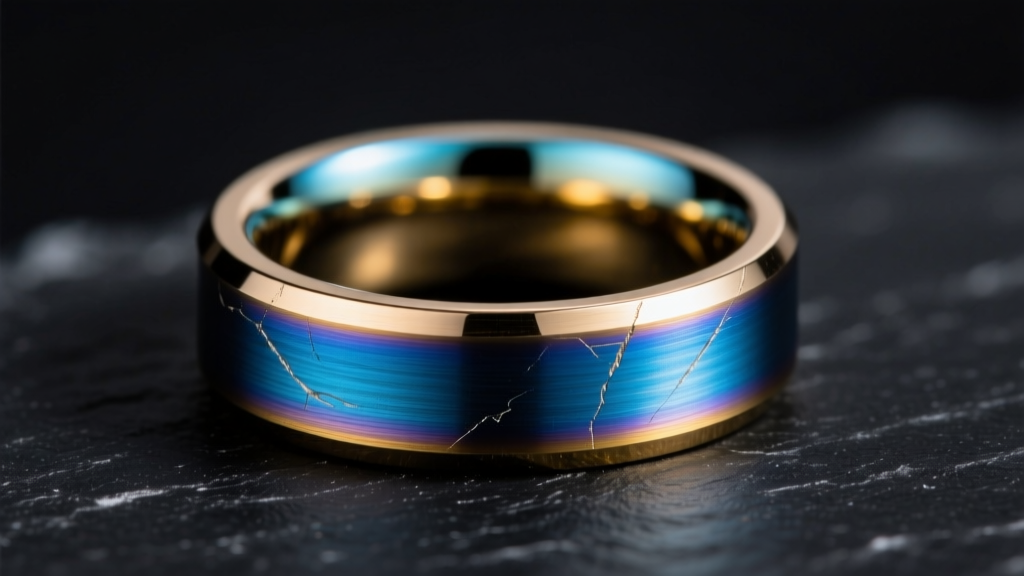 Grade 5 titanium EDCO ring featuring vibrant blue and gold voltage anodizing, macro shot against a dark slate background
