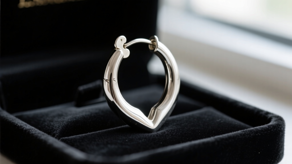 Macro shot of an 18-gauge vintage 90s silver hoop earring with a V-latch clasp, resting on a dark velvet jewelry display tray