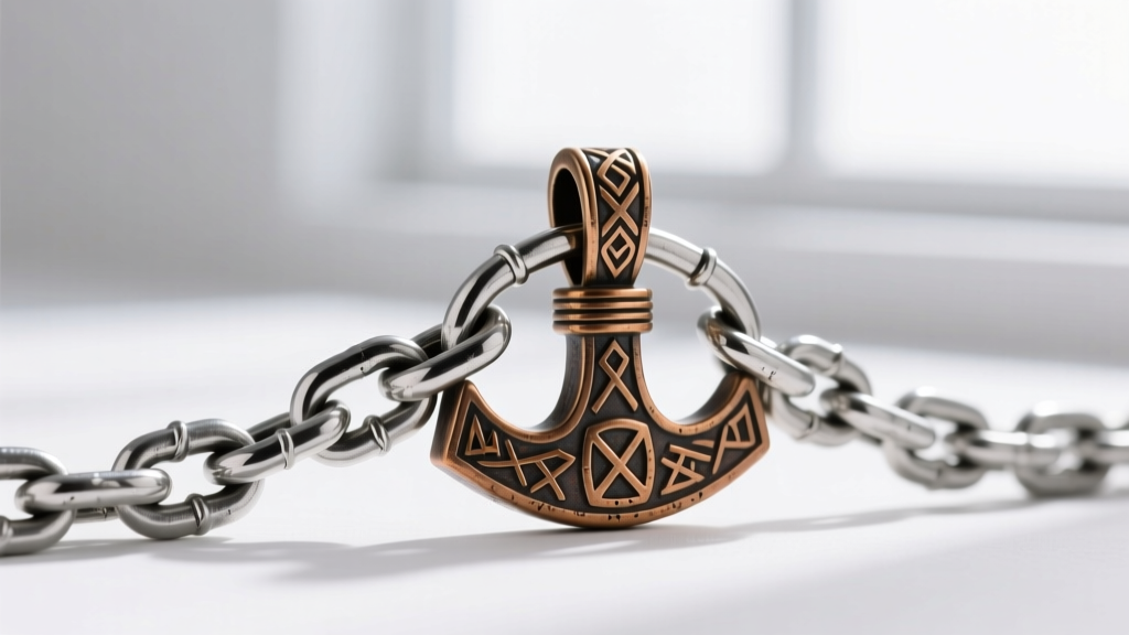 Macro photography of a thick 4mm stainless steel curb chain threaded through a reinforced bronze Mjolnir pendant bail, studio lit