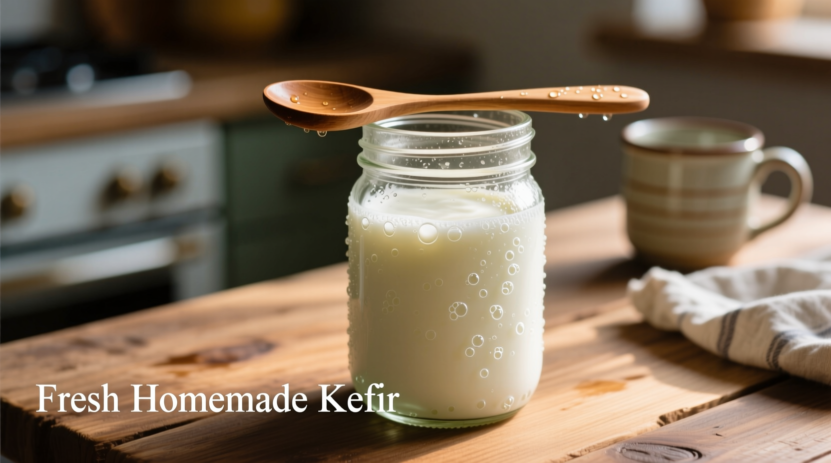 Fresh homemade kefir in glass jar with spoon