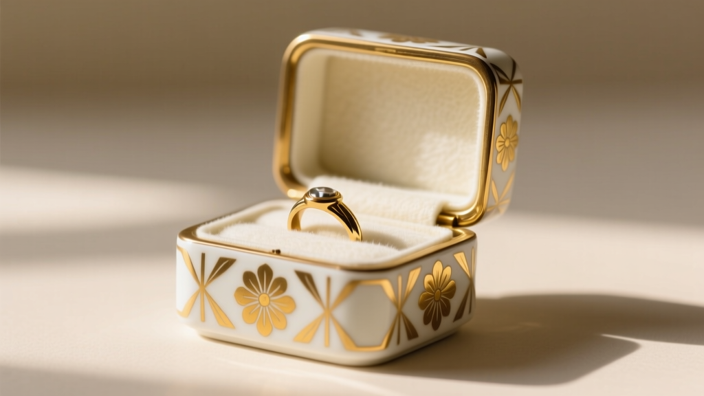 An open vintage Art Deco porcelain ring box featuring geometric gold floral transferware patterns, lined with fresh archival felt.