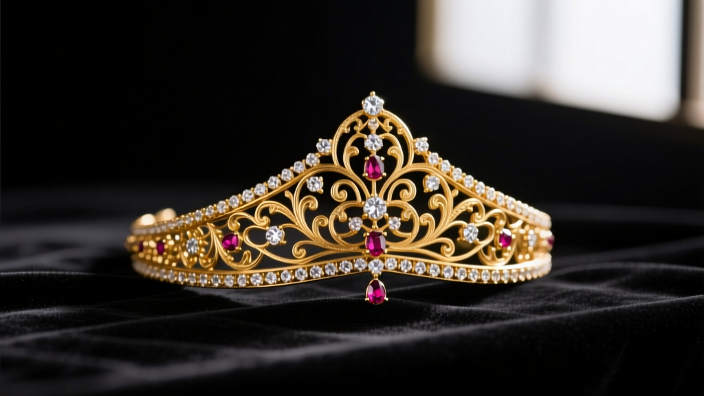Solid 22-karat gold maang tikka headpiece on dark velvet, soft lighting highlighting intricate metalwork and gemstone settings.