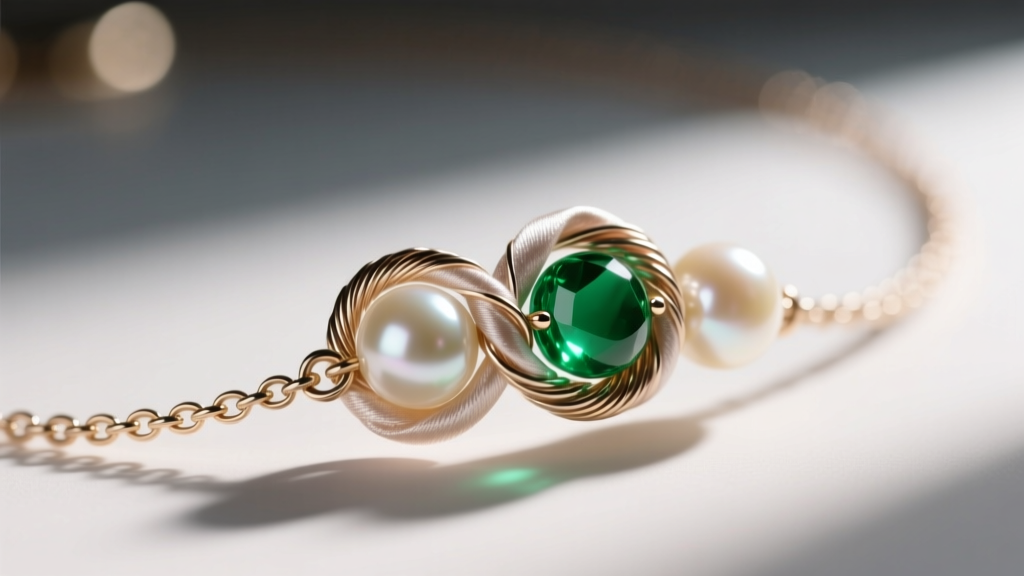 Macro view of a silk knot and French wire gimp protecting a pearl and emerald bead junction on a luxury necklace strand.