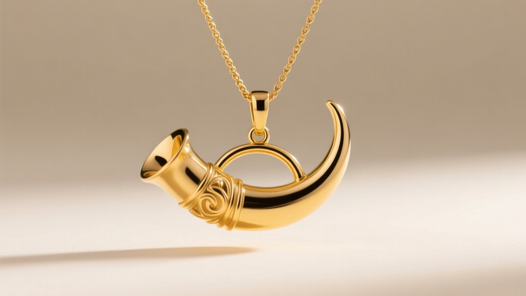 Close-up of a polished 14k yellow gold Italian horn pendant hanging on a delicate rope chain against soft studio lighting