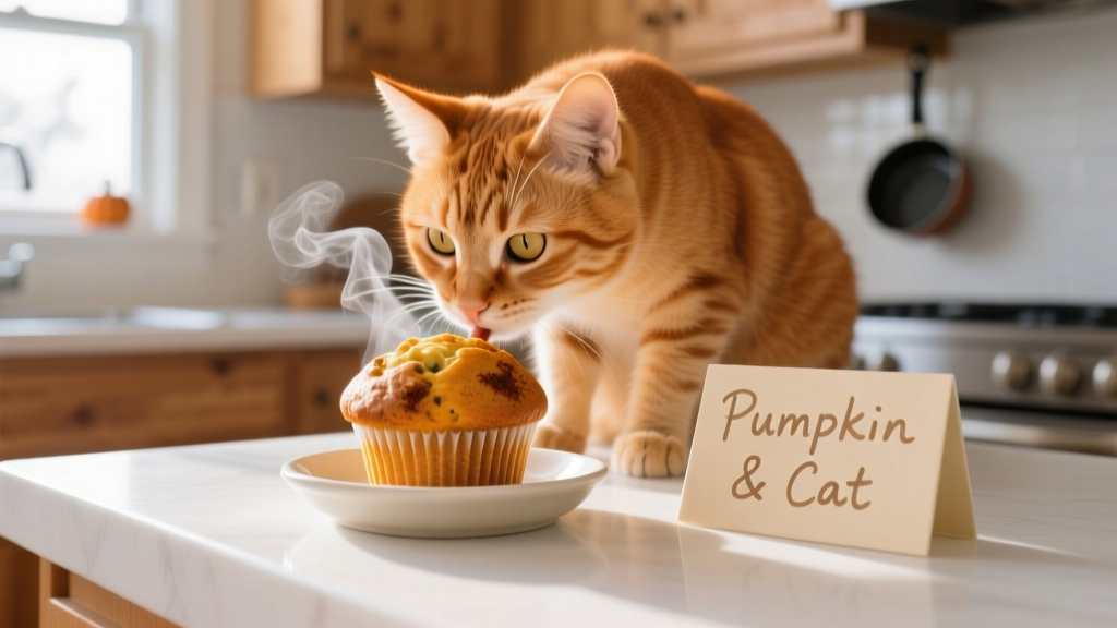 A curious cat gently sniffing a freshly cooled pumpkin mini muffin placed on a clean kitchen counter