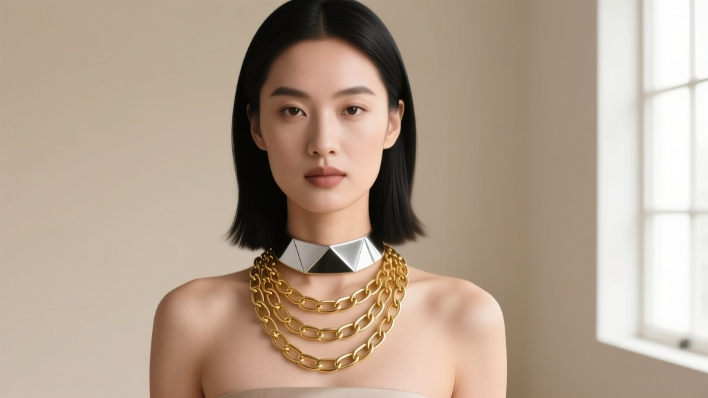 Model wearing a layered 14k gold paperclip chain and rigid silver collar necklace against a muted beige studio backdrop