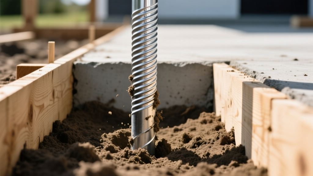 Galvanized steel pier bar driven into soil beside wooden forms for a poured concrete pad foundation at a residential build