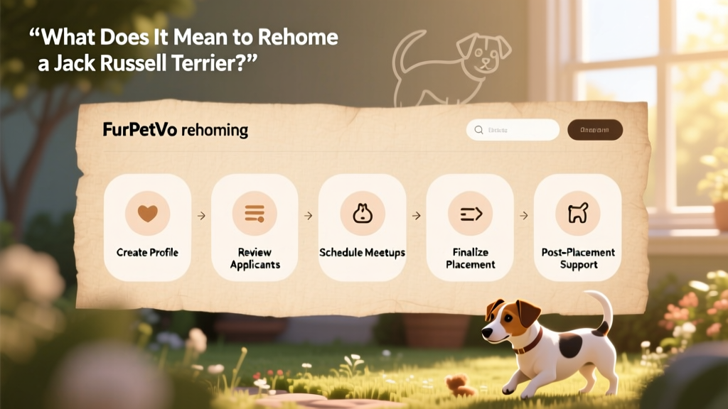 Screenshot-style graphic showing the FurPetVo rehoming dashboard with clear steps: create profile, review applicants, schedule meetups, finalize placement