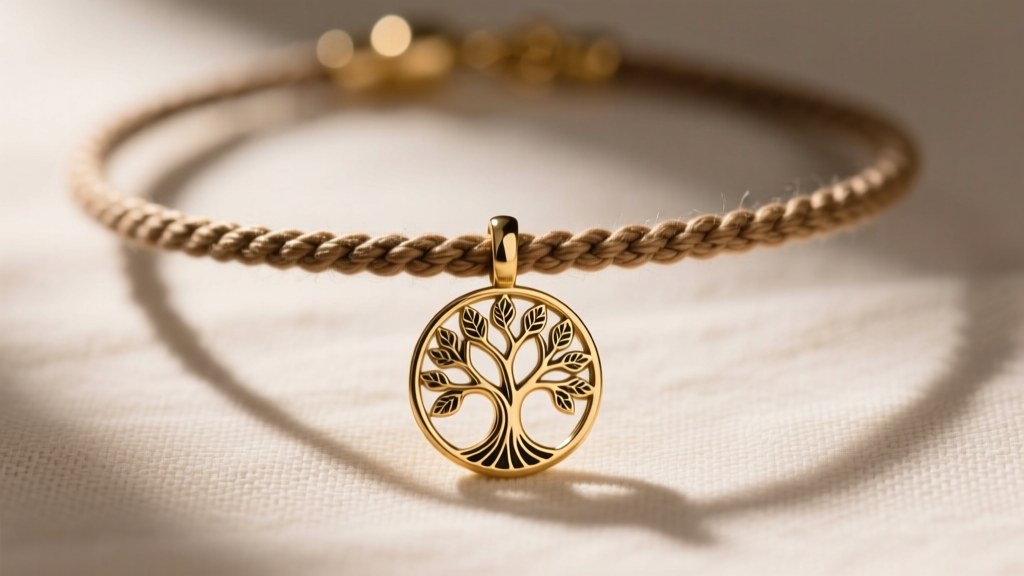 Close-up of an Alex and Ani adjustable waxed cotton cord necklace featuring a brass Rafaelian gold tree of life charm on linen.
