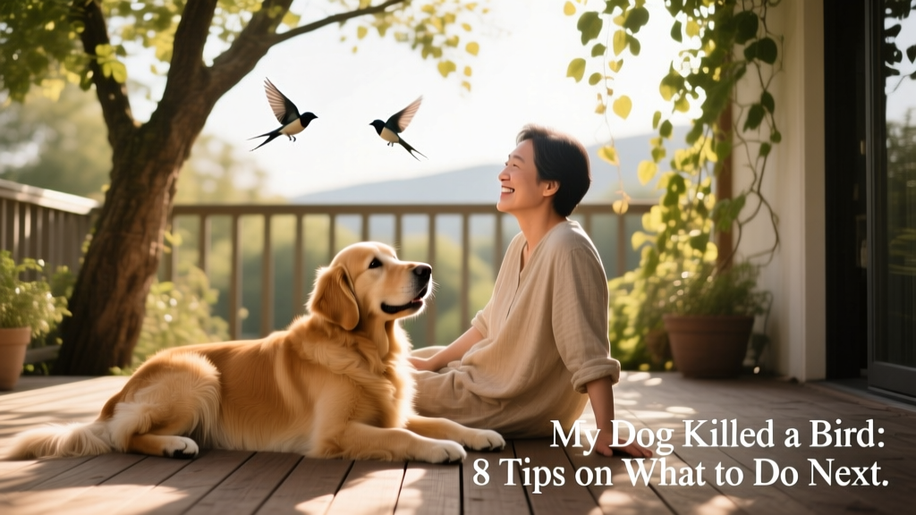 A relaxed dog lying beside their owner on a patio, both watching birds together peacefully