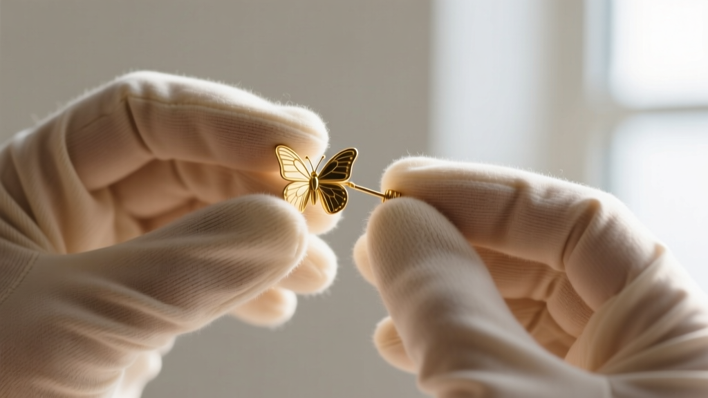 Close-up of hands in cotton gloves gripping a stuck 20-gauge gold butterfly earring back to demonstrate a safe removal technique.