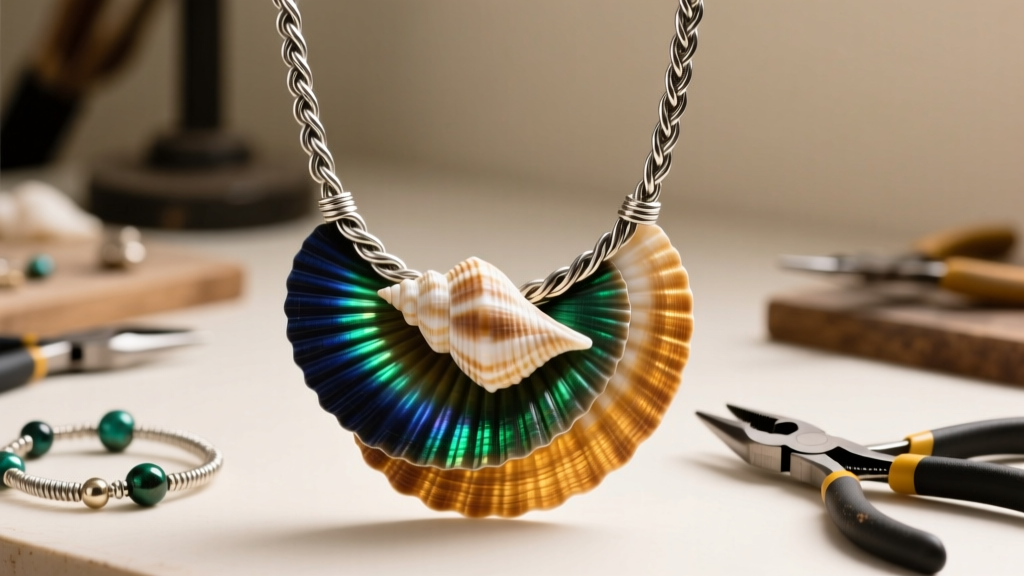 Jewelry workbench showing a heavy shell statement necklace strung on braided stainless steel wire with crimp beads and pliers.