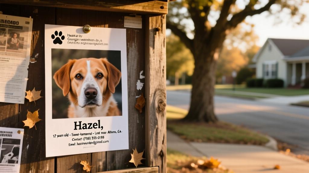 A printed flyer featuring Hazel's photo, description, and contact information posted on a neighborhood bulletin board