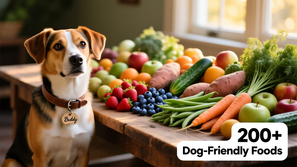 A playful dog sitting beside a colorful array of fresh fruits and vegetables