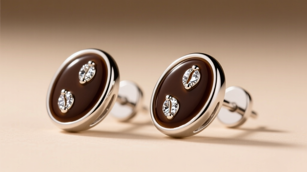 Close-up of sterling silver espresso martini stud earrings with dark brown epoxy enamel and tiny cz coffee beans