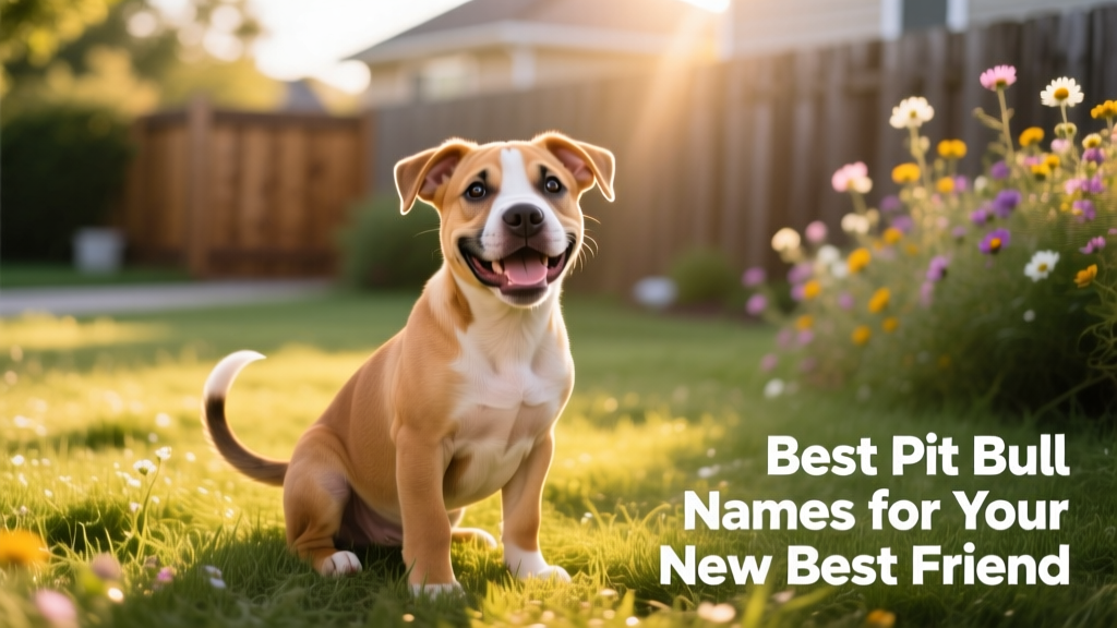 A joyful, smiling Pit Bull puppy sitting on a sunlit grassy patch, ears perked and tail wagging