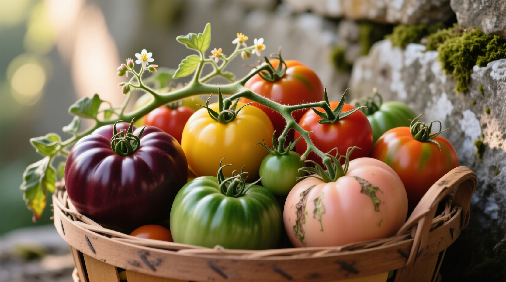 Colorful assortment of heirloom tomatoes on vine