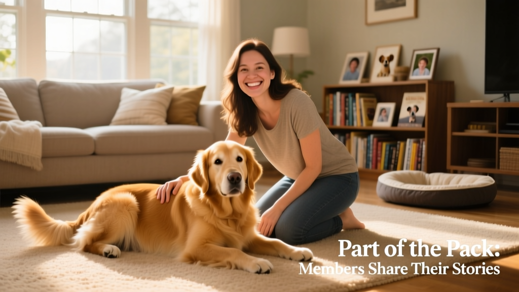 A joyful sitter kneeling beside a relaxed golden retriever on a sunlit living room floor