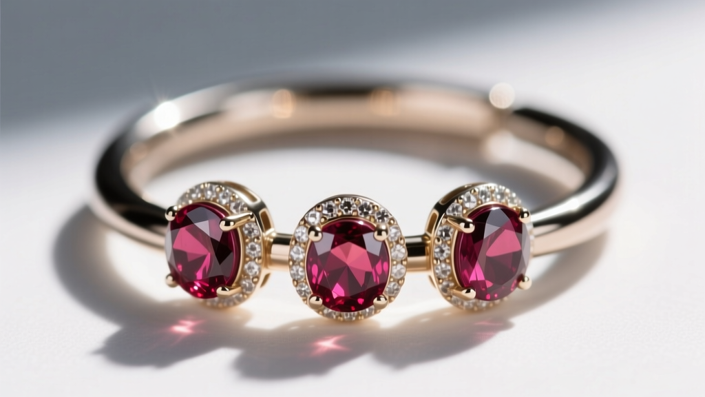Macro shot of 16g continuous titanium hoops holding three bezel-set spessartite garnet cabochons glowing in natural sunlight