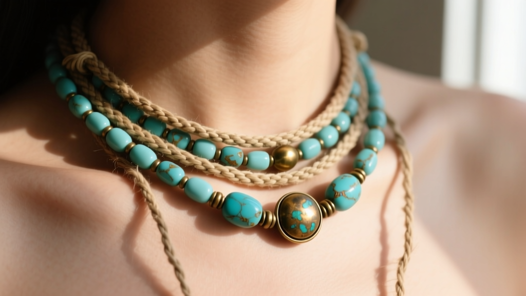 Close-up of a layered hemp and bead necklace with 2mm natural hemp cord, matte turquoise stones, and oxidized brass beads on skin