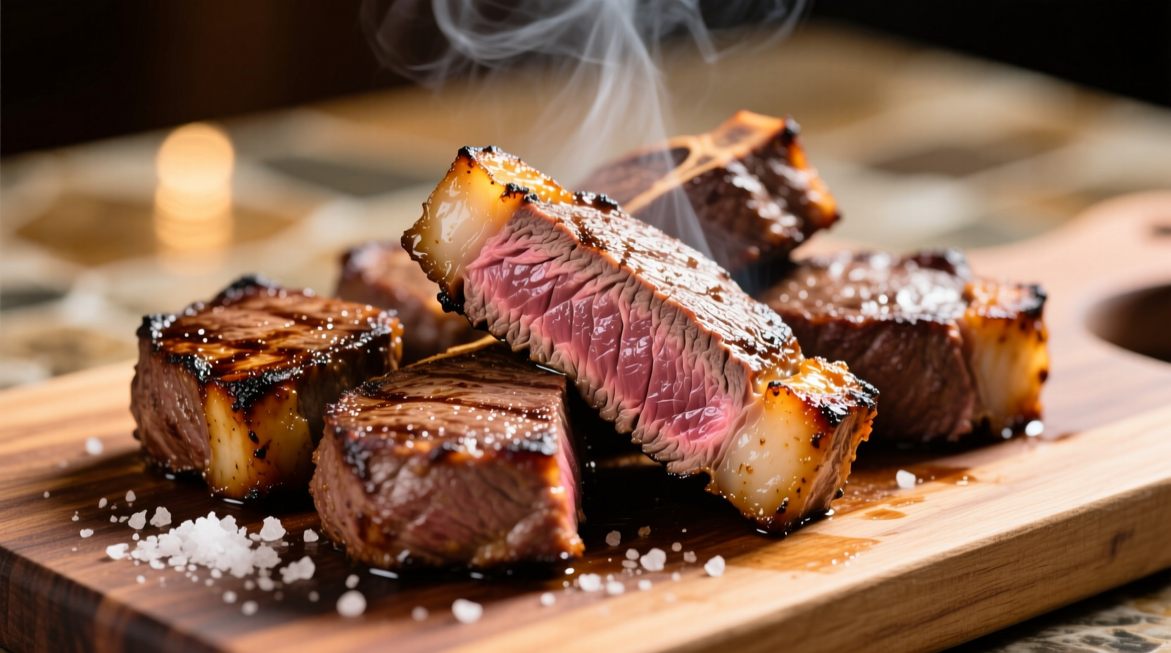 Perfectly seared beef steak tips with golden crust