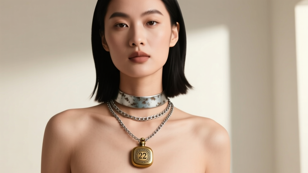 Model wearing a layered necklace stack with a 16-inch oxidized choker, an 18-inch matte chain, and a 22-inch brass flask pendant