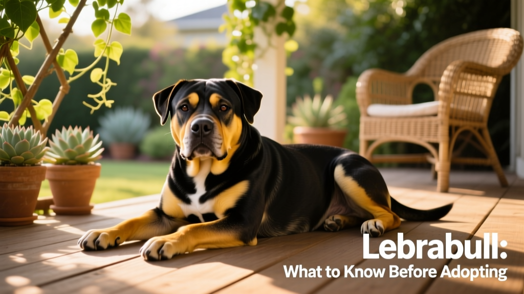 A relaxed Labrabull lying on a sunlit porch, head resting on paws, gazing calmly toward the camera