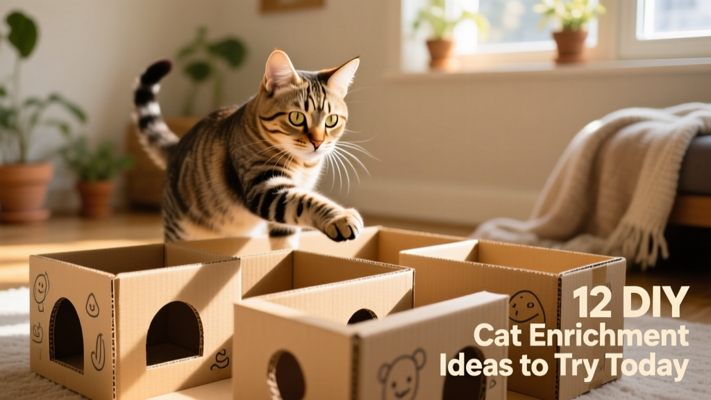 A curious cat batting at a homemade cardboard box maze with cut-out tunnels and peek-a-boo holes