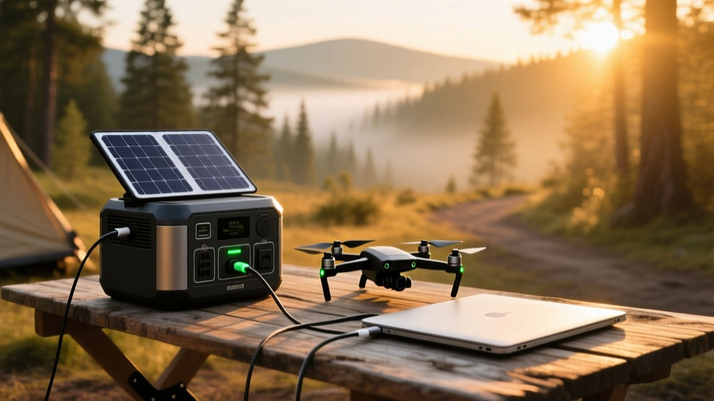 A rugged solar-powered portable power station charging a drone and laptop on a wooden camping table during golden hour.