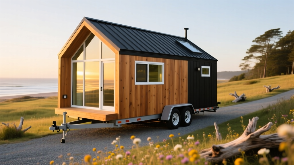Modern tiny home on steel trailer chassis featuring cedar lap siding, black metal roofing, and large energy-efficient windows.